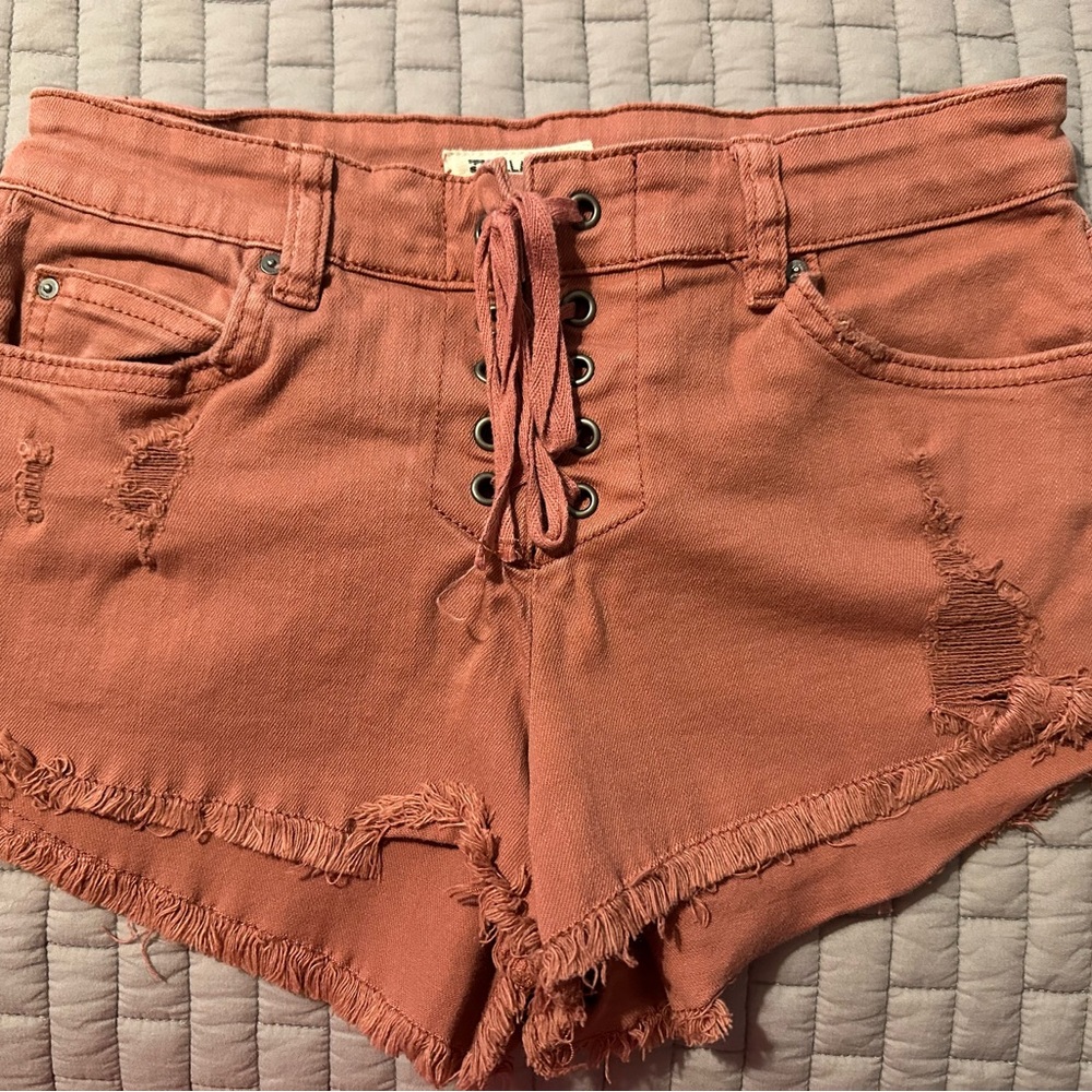 Billabong Lace-Up Frayed Hem Jean Shorts - Rust Orange